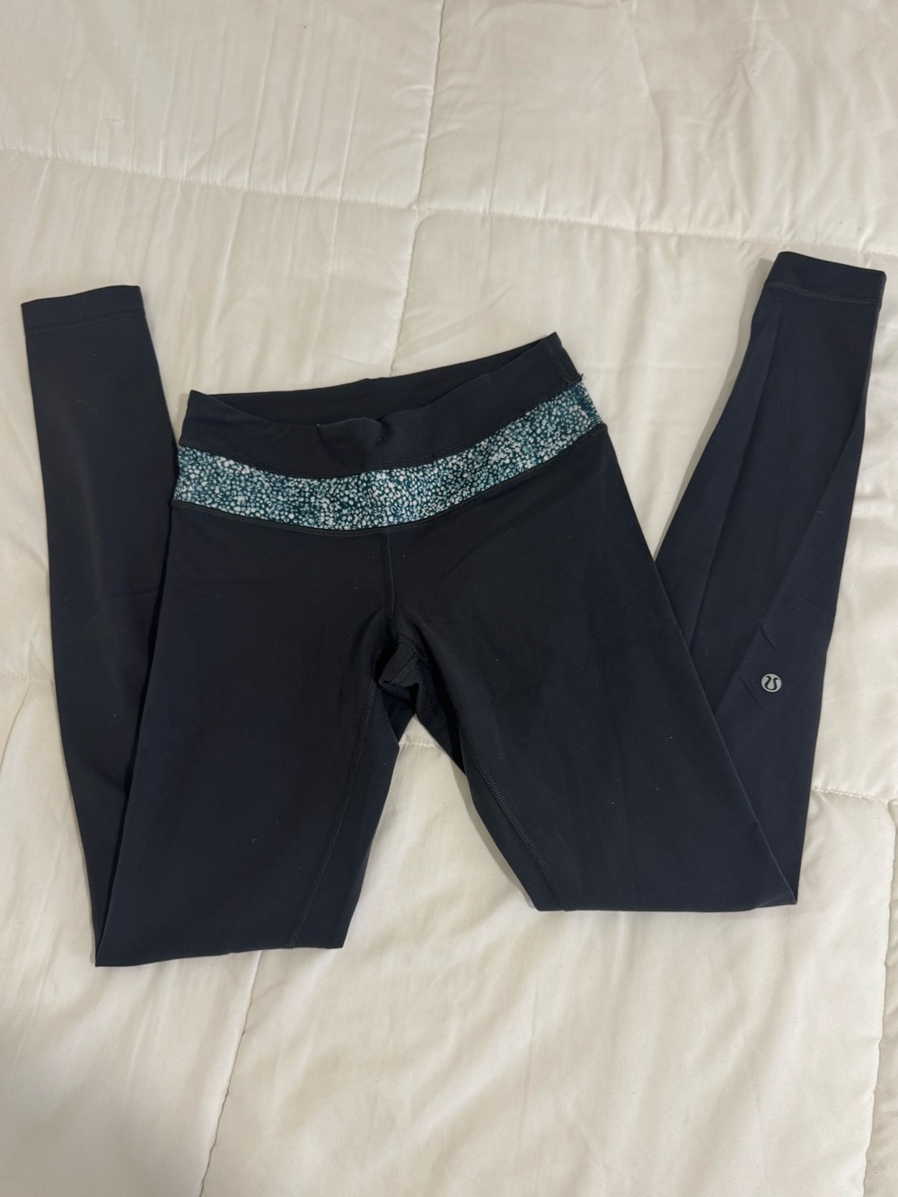 Lululemon Black Leggings with Speckled Teal Waistband
